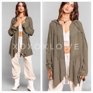 POL Olive Waffle Knit Zip Up Hoodie | Longline Jacket with Asymmetrical Hem